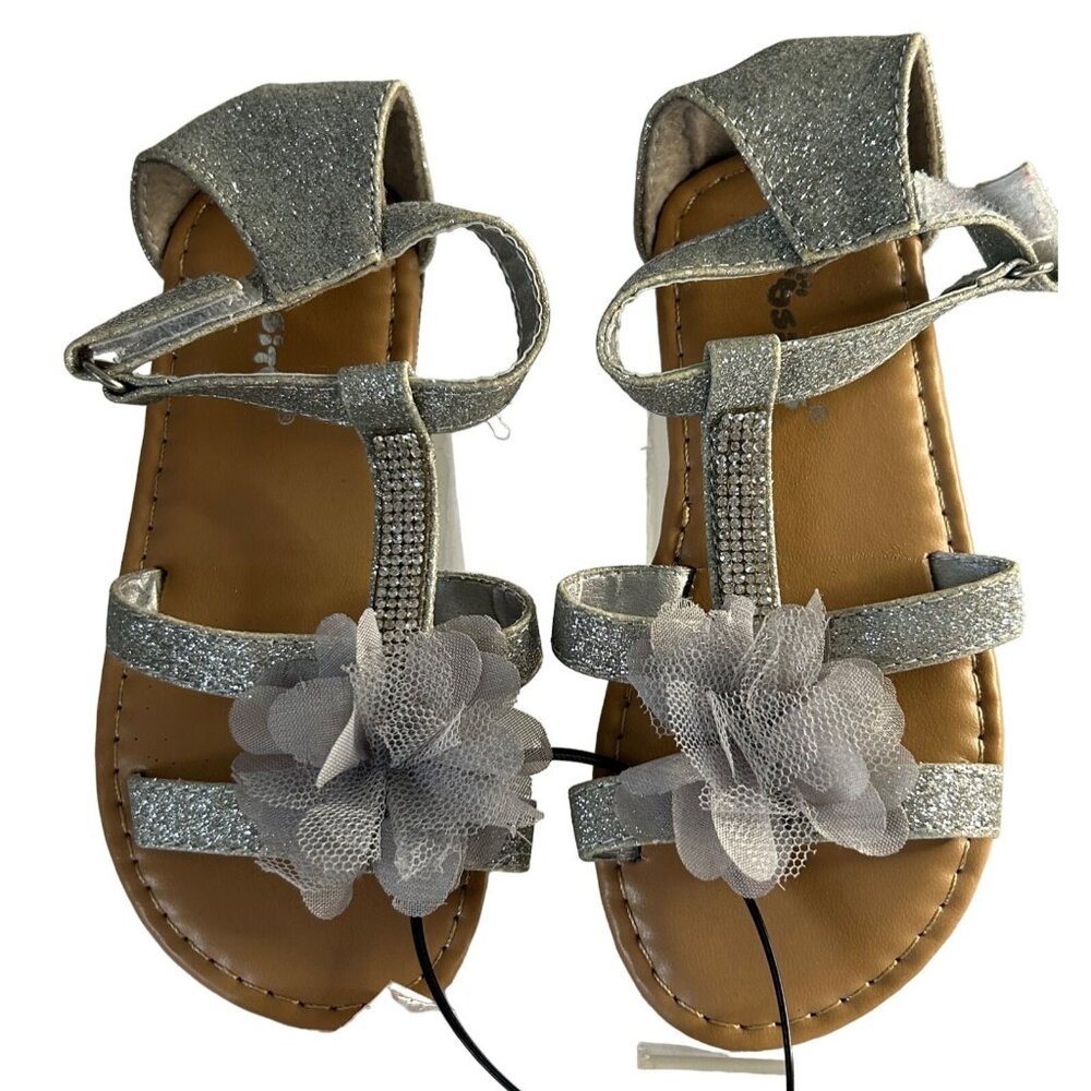 Silver Kids Sandals With Rhinestones & Flower Accents Size 8